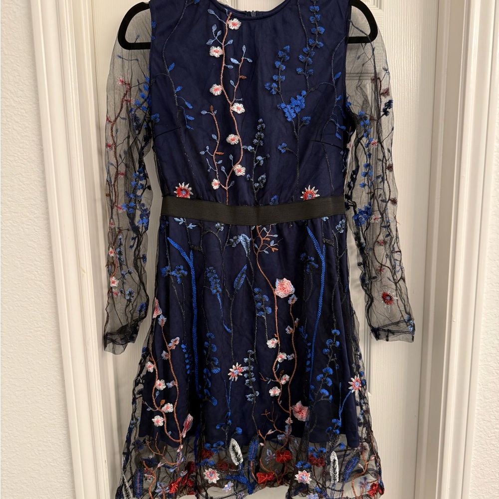 Navy Floral Embroidered Midi Dress